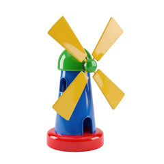 Colorful toy windmill with yellow blades and a blue base, perfect for childrens play, isolated on transparent background