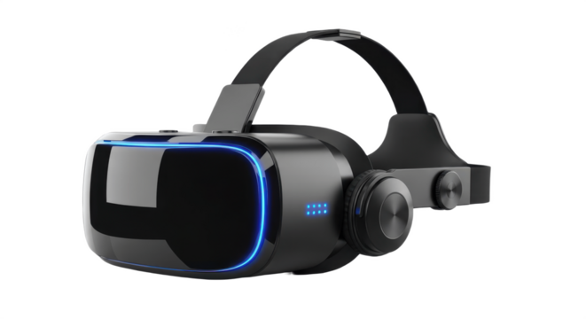 Modern Black Virtual Reality (VR) Headset with Blue LED Accents, Isolated PNG on Transparent Background