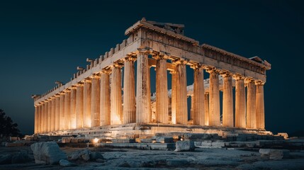 Naklejka premium Parthenon in the Twilight: The iconic Parthenon, a testament to ancient architecture, stands majestic against a twilight sky, its illuminated columns radiating historical grandeur. 