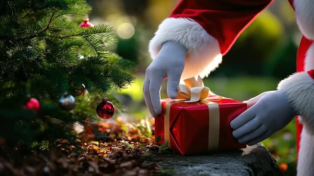 Close-up of Santa&rsquo;s gloved hands placing a gift under a tree, background intentionally blurred for a dreamy magical mood, faceless composition, with copy space