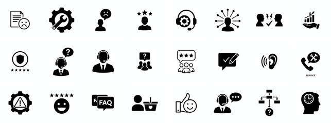 Customer service icon set. Containing customer satisfied, assistance, experience, feedback, operator and technical support icons. Solid icon collection.