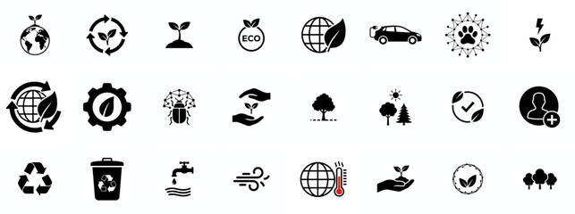 Ecology icon set. Environment, sustainability, nature, recycle, renewable energy; electric bike, eco-friendly, forest, wind power, green symbol. Solid icons vector collection.
