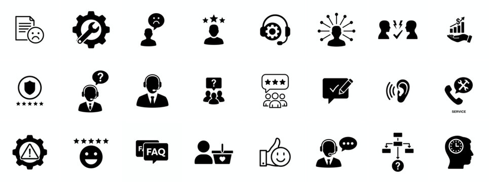 Customer service icon set. Containing customer satisfied, assistance, experience, feedback, operator and technical support icons. Solid icon collection.