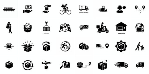Delivery service icon set. Containing order tracking, delivery home, warehouse, truck, scooter, courier and cargo icons. Shipping symbol. Solid icons vector collection.