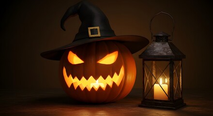 Jack o lantern with witch hat and candle lantern in dark setting