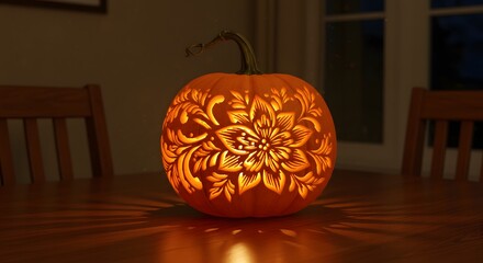Intricately carved pumpkin with glowing light on a table
