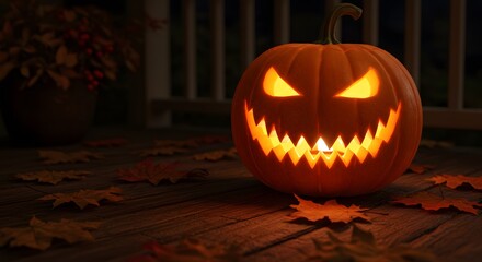 Jackolantern carved pumpkin with glowing eyes and mouth on porch with leafs around