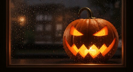 Jackolantern with carved face glowing on a rainy night