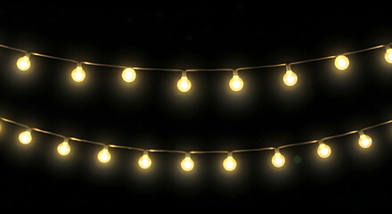Warm yellow string lights glowing softly on a dark background creating a festive and cozy atmosphere