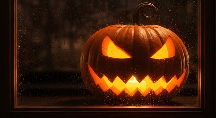 Scary jackolantern glowing on a rainy night through a window