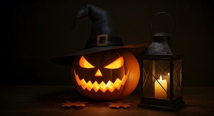 Scary jackolantern with witch hat and candle lantern at night