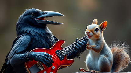 Cool crow rocks out with a guitar for an amused squirrel
