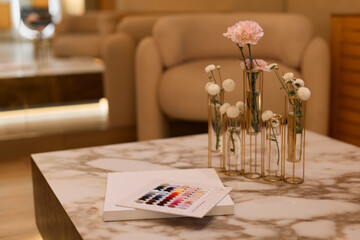 elegant neutral living space, luxurious home setting featuring marble and vibrant color samples