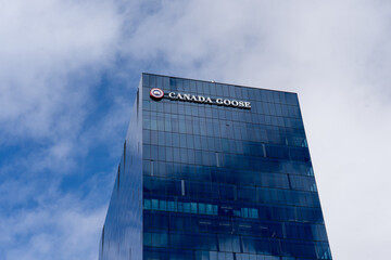 Fototapeta premium Toronto, Canada - September 21, 2025: Canada Goose new Headquarters at 100 Queens Quay East in Toronto, Canada. Goose Holdings Inc is a Canadian company of luxury winter clothing manufacturers. 