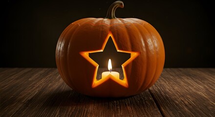 Carved pumpkin with star shape and candle on wooden table