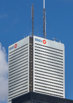 Toronto, Canada - September 21, 2025: BMO (Bank of Montreal) office at First Canadian Place in downtown Toronto, a Canadian investment bank and financial services company.