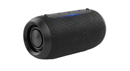 Cylindrical Black Portable Bluetooth Speaker for Outdoor Use, Isolated PNG on Transparent Background