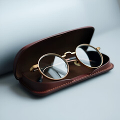 Round glasses in a brown leather case