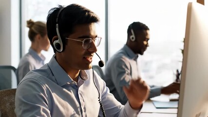 Smiling male customer service agent wearing a headset talking to a client while working at a computer in an office 4k video - Powered by Adobe