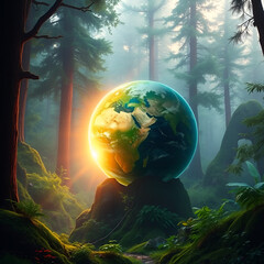 A majestic earth sphere, bathed in ethereal light, rests within a mystical forest, awash in vibrant greens and glowing with luminescence.