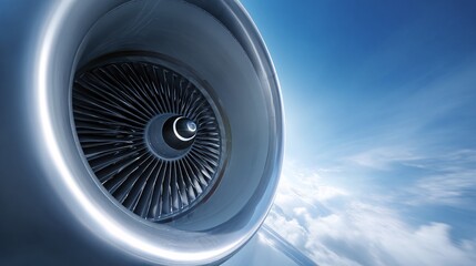 Airplane engine turbine with blue sky and clouds in the background.