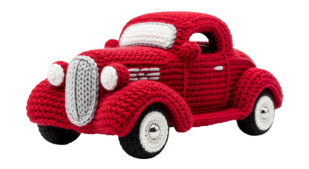 Charming vintage hot rod crafted entirely from thick crochet materials showcasing classic design and vibrant red color