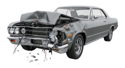 Classic coupe car severely damaged after a collision with a tree in a secluded area