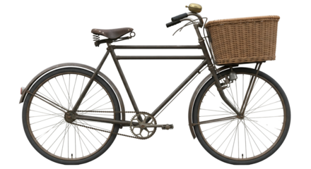 Heavy duty delivery bicycle featuring a large wicker basket and durable frame design suitable for transporting goods