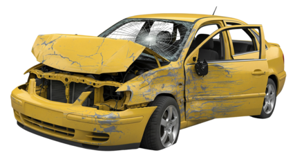 Heavily damaged yellow car with debris scattered around after a collision in an urban area