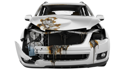 Post impact fire damage to a silver SUV shows significant destruction and burnt components