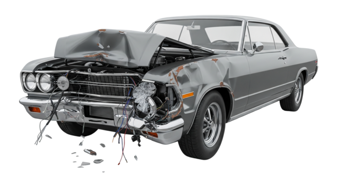 Classic coupe car severely damaged after a collision with a tree in a secluded area