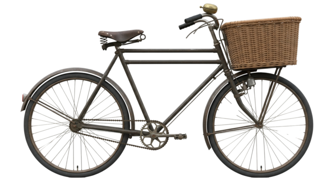 Heavy duty delivery bicycle featuring a large wicker basket and durable frame design suitable for transporting goods