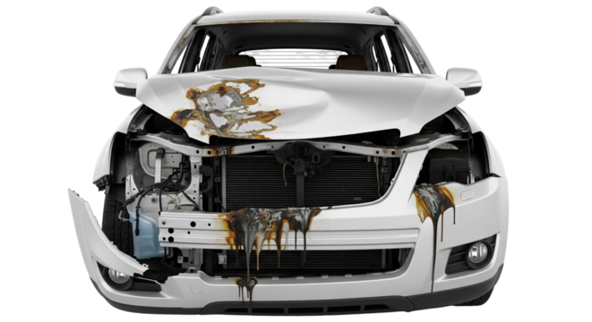 Post impact fire damage to a silver SUV shows significant destruction and burnt components