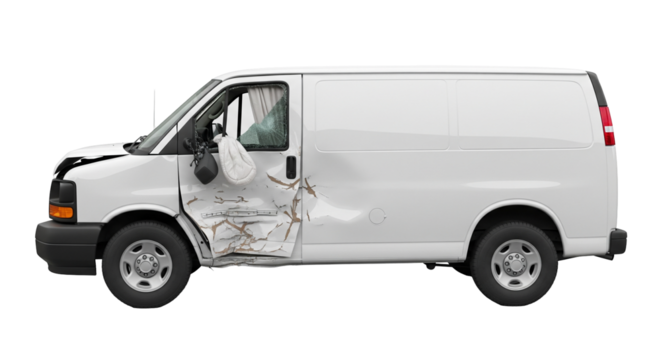 Collision damage on a white cargo van from a T-bone accident in an urban area - Powered by Adobe