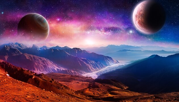 Cosmic Landscape With Vibrant Nebula Planets And Mountains - Powered by Adobe