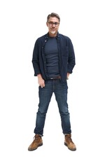 Full length portrait of happy casual older man smiling, Mid adult, mature age guy standing,...