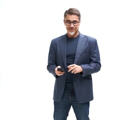 Middle age businessman in business casual using phone. Entrepreneur in jacket. Portrait of mid adult, mature age man, happy smiling. Isolated on white.