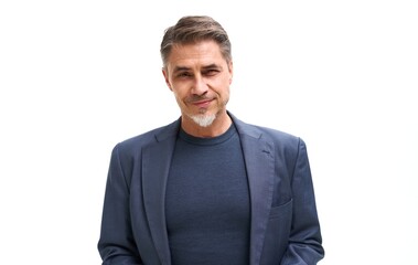 Middle age businessman in business casual. Entrepreneur in jacket. Portrait of mid adult, mature age man, happy smiling. Isolated on white.
