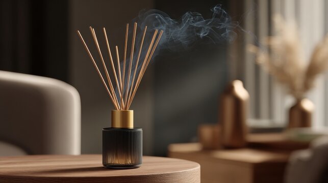 Premium Home Fragrance Diffusing Scent in an Elegant Dark Corner With Rich Textures and Soft Lighting