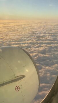 Vertical video. View from an airplane window of a uniform cloud layer from flight altitude. Slight turbulence.