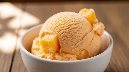 Delicious Mango Ice Cream Scoop In A White Bowl On A Wooden Table Dessert Summer Refreshment.