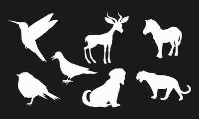 Set of Animal Silhouettes – Bird, Dog, Cat, Deer, Horse, Hummingbird, Pigeon, Wildlife Vector Icons on Dark Background