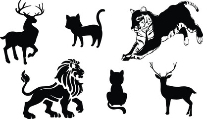Wild Animal Silhouettes Collection – Deer, Lion, Tiger and Cat Vector Illustration Set