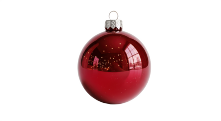 Elegant Red Glass Christmas Ball Ornament with Gold Holly and Candle Pattern, Isolated PNG on Transparent Background