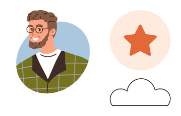 Cheerful man wearing glasses and checkered jacket in circular frame, next to graphic red star and outlined cloud. Ideal for personal branding, creativity, simplicity, casual themes, giving