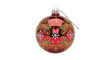 Elegant Red Glass Christmas Ball Ornament with Gold Holly and Candle Pattern, Isolated PNG on Transparent Background