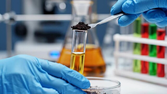 Scientist in blue glove holding spoon with dark soil sample over petri dish in laboratory setting with glassware 4k video