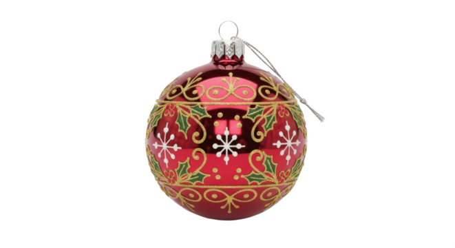 Elegant Red Glass Christmas Ball Ornament with Gold Holly and Candle Pattern, Isolated PNG on Transparent Background