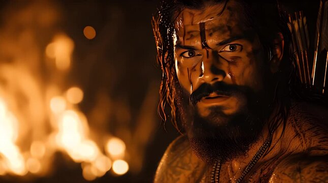 A rugged man stares intensely, with war paint and fire in the background