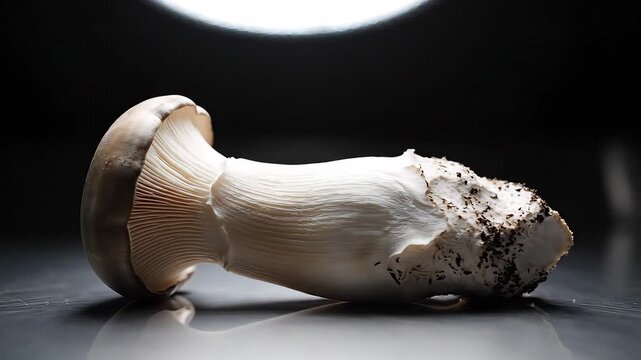 Closeup of a single king oyster mushroom on a dark background.